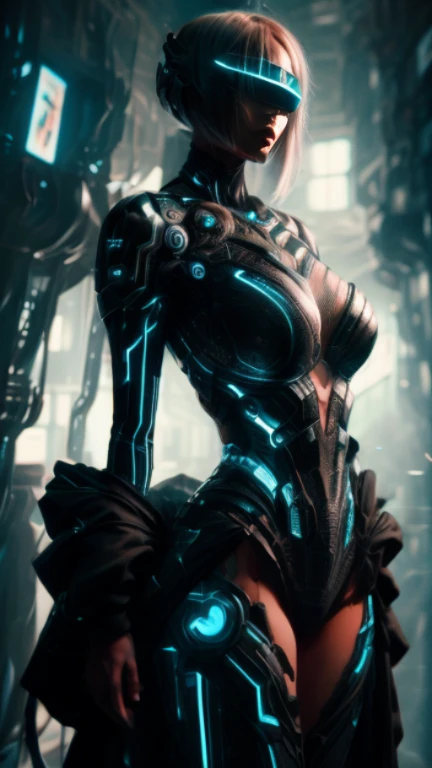A futuristic android awakening in the ruins of a neon-lit city, with glowing purple eyes and advanced technology, amidst remnants of ancient battles