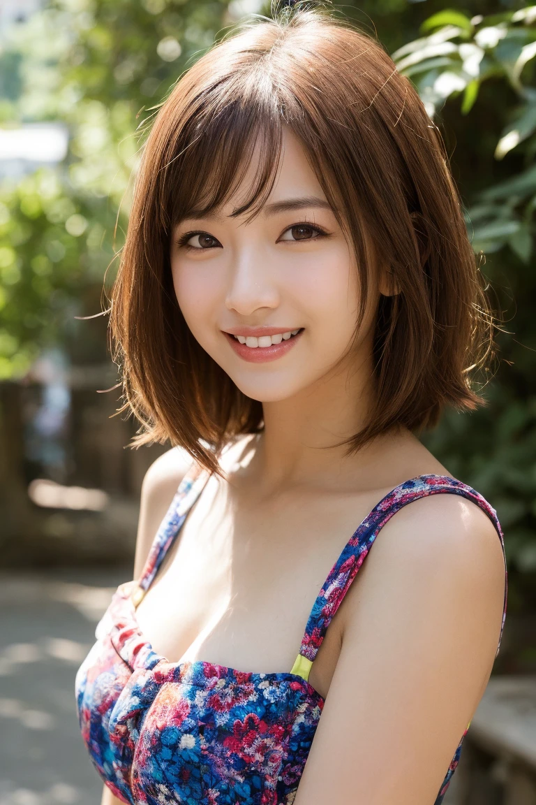 Highest quality,8k,High definition,Cute like her sister,18-year-old,With bangs,,Smile,Brown Hair,Bob Hair,(Small breasts:1.3）,Pulling at the front of her floral camisole,I can&#39;t see the nipples,Lying in bed