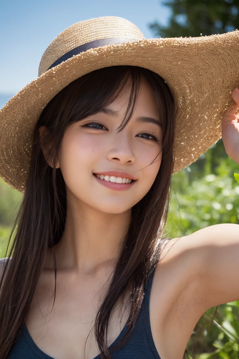 masterpiece,best quality,(Japanese ),((Beautiful girl)),cleavage,(perfect body beauty:1.2),(shy smile),(straw hat),(in the park),