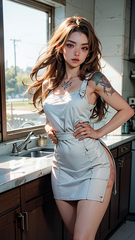 Angelina jolie, The most beautiful 40-year-old women, Detailed body with large breasts, sexy facial expression, (((Naked and white short breasted-plate-apron))), Detailed lips, A detailed eye, double eyelid, huge breasts, Short dark brown hair, thighs, standing in a kitchen, (Photorealsitic:1.4), (Top image quality:1.0), (ultra high resolution:1.0), 8K, Raw photography, (masterpiece)