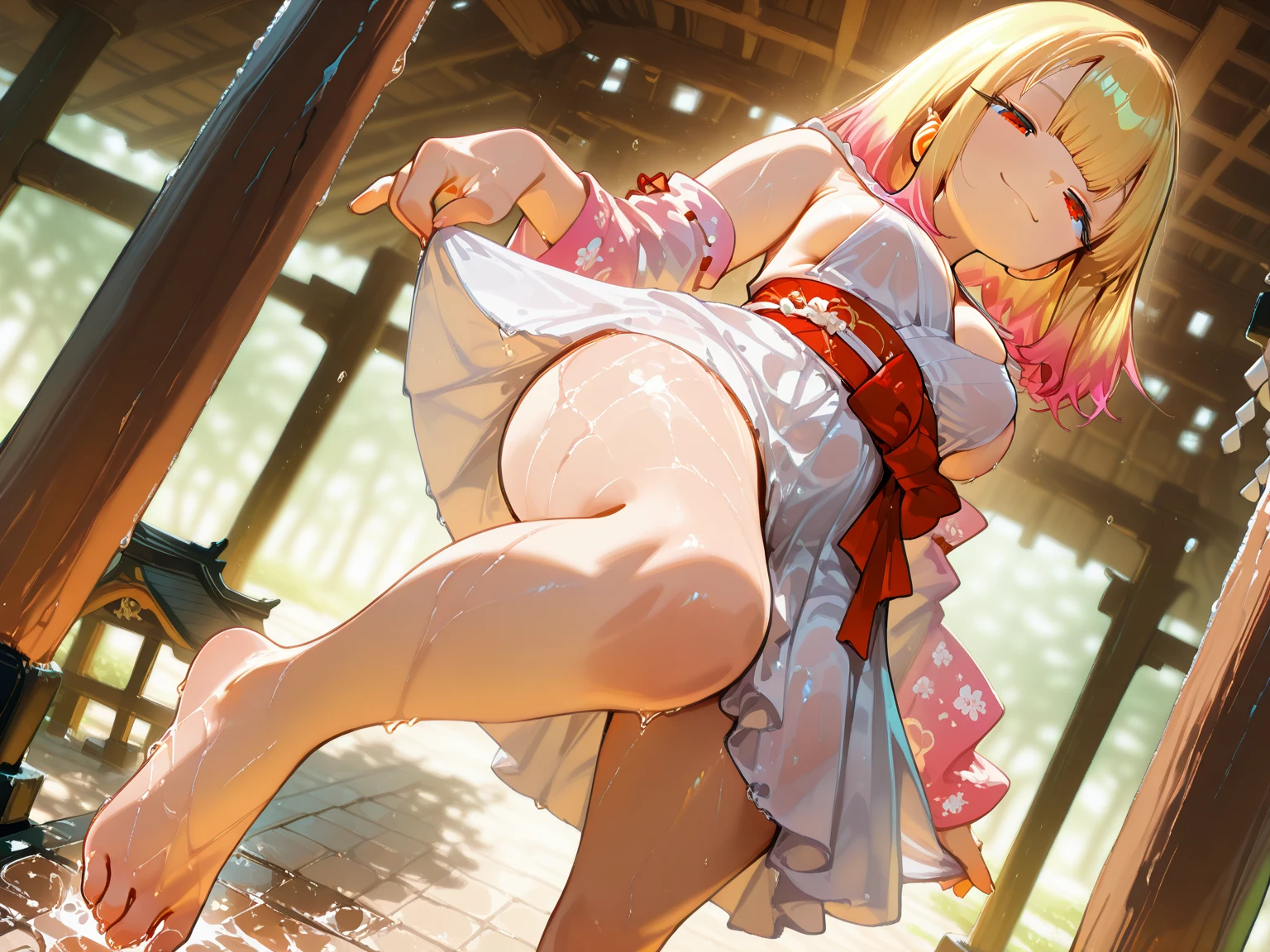  woman，Sitting in the field、saliva、((Blue panties))、Blue kimono、Sandals、Wet Panties、(Spread your legs))、Girl trembling with sexual climax、View from below
