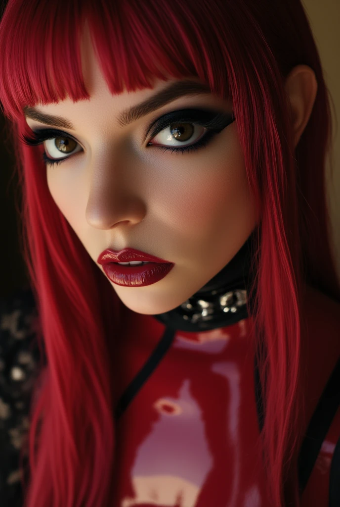 woman with red hair and black latex gloves posing for a picture, cruel korean goth girl, japanese gothic, ((gigantic) breasts), cleavage, beauty spot on left breast, pale skin, brown eyes, black latex gloves, black latex bra, black and red, goth girl, very sexy outfit, black and red colors, red and black, gothic maiden, dark goth eyeshadow, (goth makeup), collar, rose tattoo, very dark red black lipstick, (((perfect lips)))