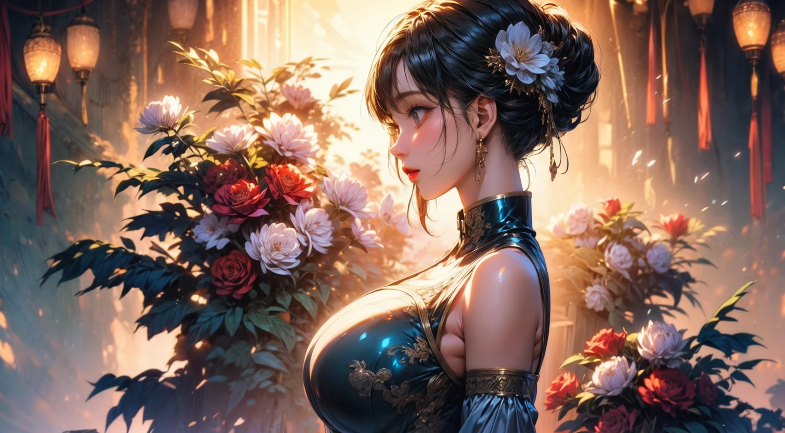 (Masterpiece:1.5), (((High qualityสุด, best quality, High quality))), ((complicated details, very detailed, Crazy details)), height, 32ก, Extremely detailed CG 8K unity wallpaper., (beautiful and beautiful:1.2),, (depth of field:1.3), (Flawless.:1.3), (Delicate depiction of details:1.4),
(((Abundant natural light, Delightful bright colors))), (Ambient volumetric backlight:1.5),  (Illustration of an extremely beautiful young woman:1.3),
(upper body:1.4), (perfect center:1.4), (Natural willow pose:1.5), (((dynamic poses, movie corner))),
(1milf:1.5), (alone:1.4),
beautiful beautiful face, [(detailed face:1.2):0.2], Bright eyes, Pure Rose Face_v1, ulzzang-6500-v1.1,  (gag:1.5), (red lips:1.4), (full lips:1.4), (smile:1.3),
Flawless attractive body, (((The feminine curves are pronounced.))), Skin glows brightly., realistic skin, hair follicles, (((Tightening belly, navel, Groin:1.3))),
(((Golden thread flutters.))), (Fringed tassels:1.3), (Tight long sleeves:1.4), (Single neck), (The invention shines.:1.5), (Elegant and intricate clothing accessories:1.5), (Embroidery work decorated with gems:1.4), (sparkling clothes:1.4), (sparkling particles:1.3), (((The front seam is sagging., Sagging back seam))), (((earring, armband, Hair clips, hair accessories))), (Stand alone in a magical outdoor garden decorated with gems and colorful exotic flowers and shrubs.:1.5), (Outside the great ancient palace:1.5), 
