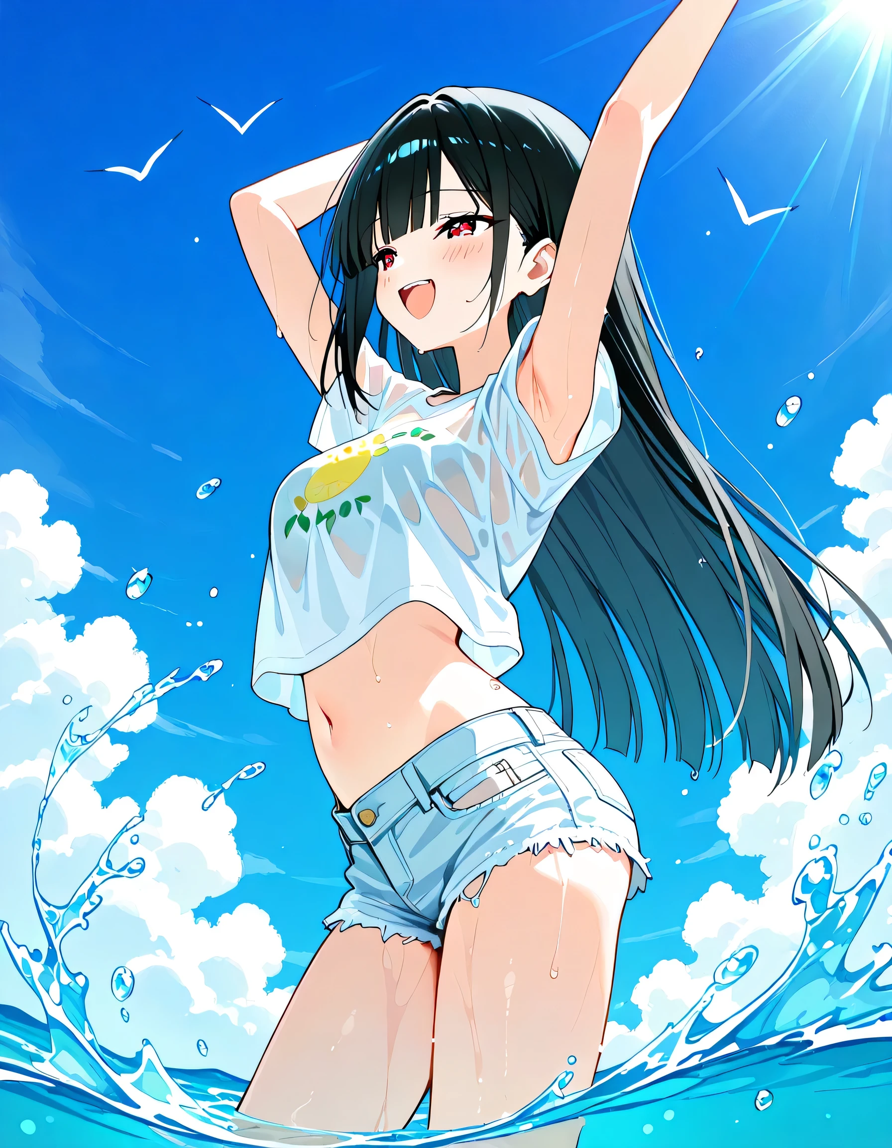 anime-style, a cute anime girl with glossy pure black long straight hair, slightly sharp and narrow ruby red eyes, soft gentle smile, modest and adorable expression, elegant straight bangs, short white printed T-shirt with a summery design, slightly wet and clinging to the body, exposed midriff, denim short shorts, playful summer outfit, arms raised in joy, laughing face, visible armpits, side view of the girl from thigh up, standing posture, clear bright blue sky in the background, summer sunlight, joyful and energetic atmosphere, water splashing towards her, droplets flying through the air