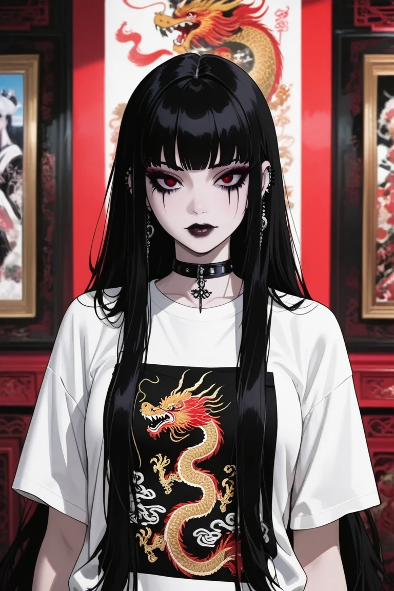  The overall atmosphere of the picture , Goth woman， Bright red ,  seems to have excellent results .  She wears a simple white t-shirt，Dragon and phoenix embroidery,that highlight her appearance .  his expressive face ,  Her eyes are eye-catching，conveys a sense of depth and mystery.  Soft makeup , Highlight your characteristics. in the background, There are graphic elements ,  such as eye paintings and lines ,  adds artistic and modern sense to the picture .  combines elements of beauty and mystery ,  suggests a strong and unique personality .