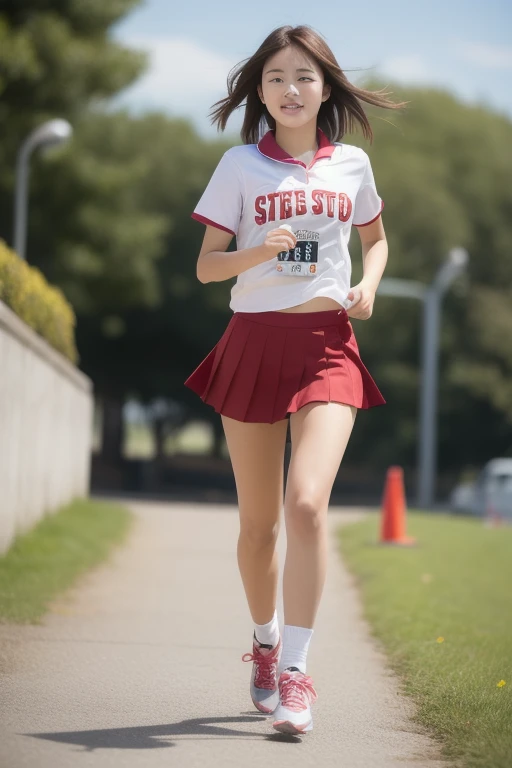 Battlefield Background,Wear a school uniform,Plaid miniskirt,The short-haired girl in sneakers is fleeing the battlefield,sweat,For the audience,Running Action,Full body close-up