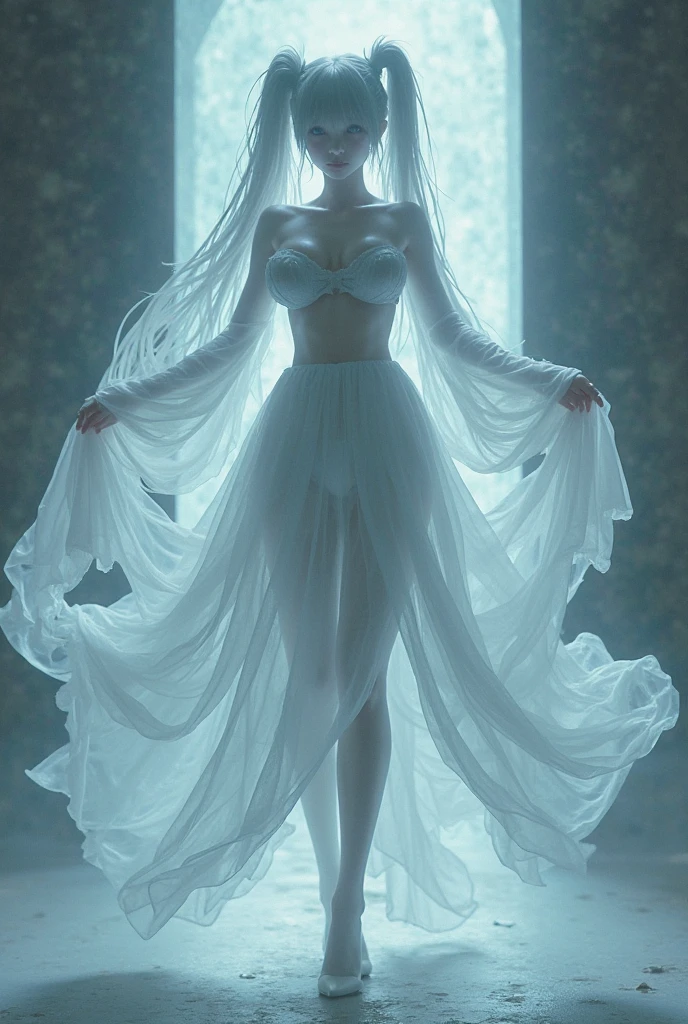 8k full body shot of beautiful white-haired 18 year old girl, (intricate, sheer, transparent, translucent, ragged reaper clothes, (no clothes:1.2)), intricate, beautifull face, sublime, elegant, highly detailed, digital hyperrealistic photography, hyperrealistic photography filigree, shyness, most beautyfull face, (masterpiece, sidelighting, (finely detailed beautifull blue eyes: 1.2)),