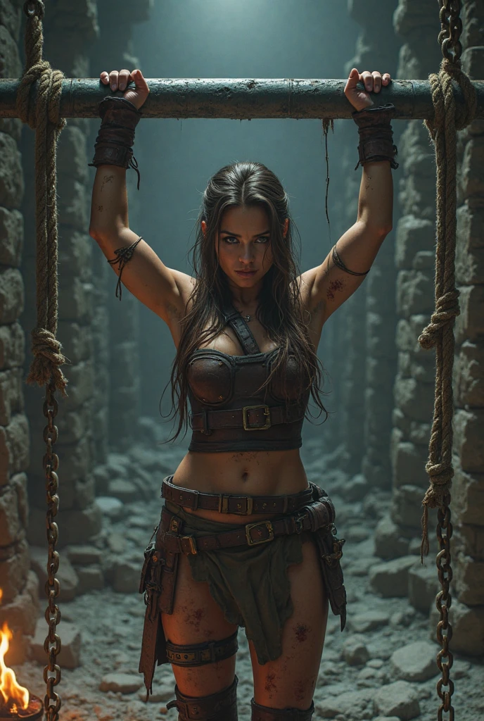warrior woman, (posterior view), (bikini armor [doradas:violet:0.5]:1.1), ((best qualityer)), ((Big bright blue necklace:1.1)), 1womanl, full body shot shot, (Liv Tyler Fé:1.3),  (sensual and seductive poses:1.1), (muscular thighs:1.1), (bracelet:1.1), (clamp:1.1), (shoulderpads:1.1), (naked torso:0.8), ((Wide leather belt with a hanging dagger)),  (Strapless bra:1.2), Red lips, Fine body, tender white skin, (breasts big: 1.25), very narrow waist, (hair long with bangs: 1.2), (hypdertailed: 1.4), bulky lighting, details Intricate, dynamic poses, Ruins of a medieval castle,  (Powerful cinematic lighting), finely detail, 8k post production, high resolution, super detaill, trends in art stations, sharp focus, depth of field f/1.8,