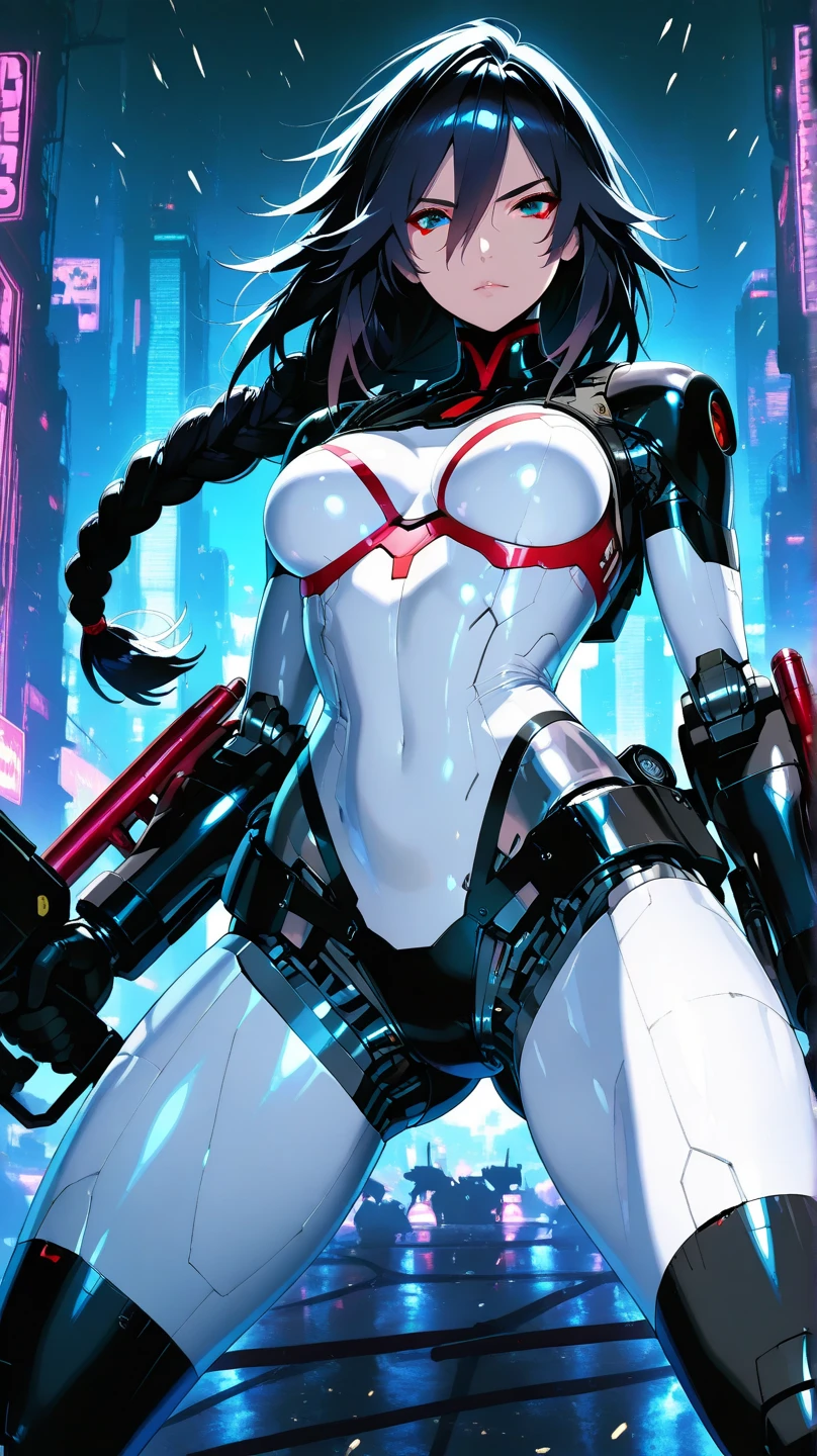 1girll,Black color hair,Twist braids,Qi bangs,red pupils,Round glasses,beauitful face,crisp breasts,Convex buttocks,in a white shirt,red necktie,Black suit,White heels,There are floating missile-launching weapons on the sides of the body,sci-fy,cyber punk perssonage,perfectly proportioned, Cinematic lighting, filmgrain, Fuji colors, lightand shade contrast, 8K, 巨作, Textured skin, Super detail, high detal, High quality, A high resolution,