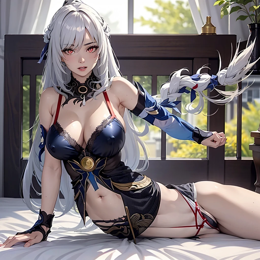 (masterpiece:1.2), (Best quality at best:1.2), perfect red eyes, perfect face, 1 Girl, Alone, 8K, Best Quality, large breast,(Detailed description of hair), (Detailed description of face),(Detailed description of body),matchless beauty, long legged, (Stockings), (30 years old),facing the audience, professional photographic lighting,dark blue Lace lingerie、the chinese royal palace、detailed red light eyeballs,silver hair,