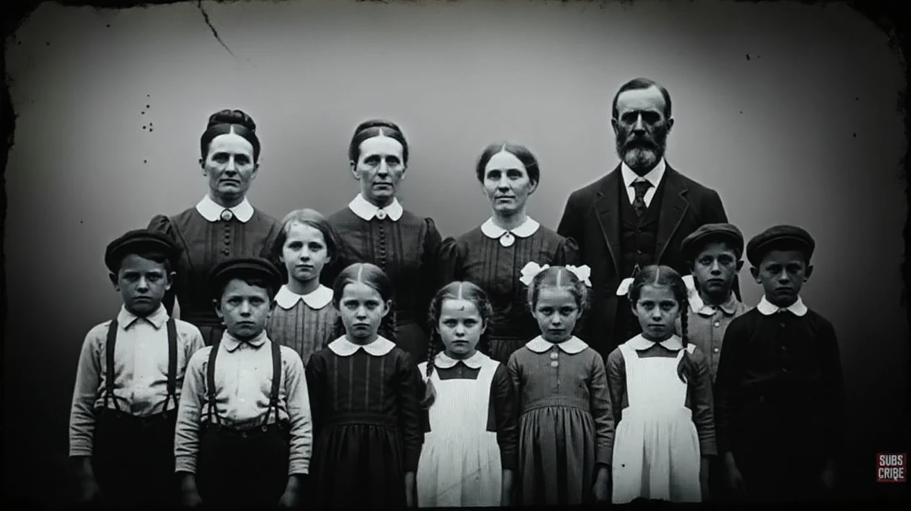 A portrait photo from the 1890s featuring an American settler family. The quality of the photo is consistent with 1890s cameras. The photo has yellowed over time, it has scratches and tears on its edges.