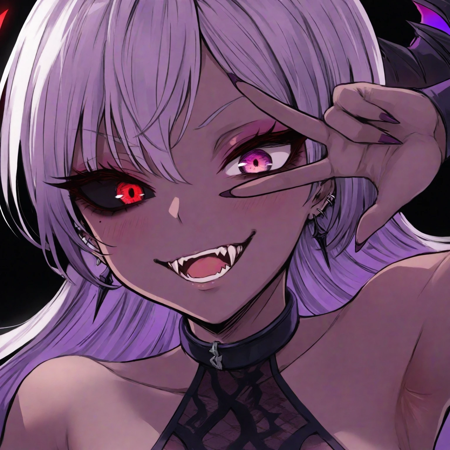 young girl, black skin, Long white hair with a pink parting, pink eyes, smirk, Vampire, White rich dress, Sleeveless, open breasts, Masterpiece, hiquality