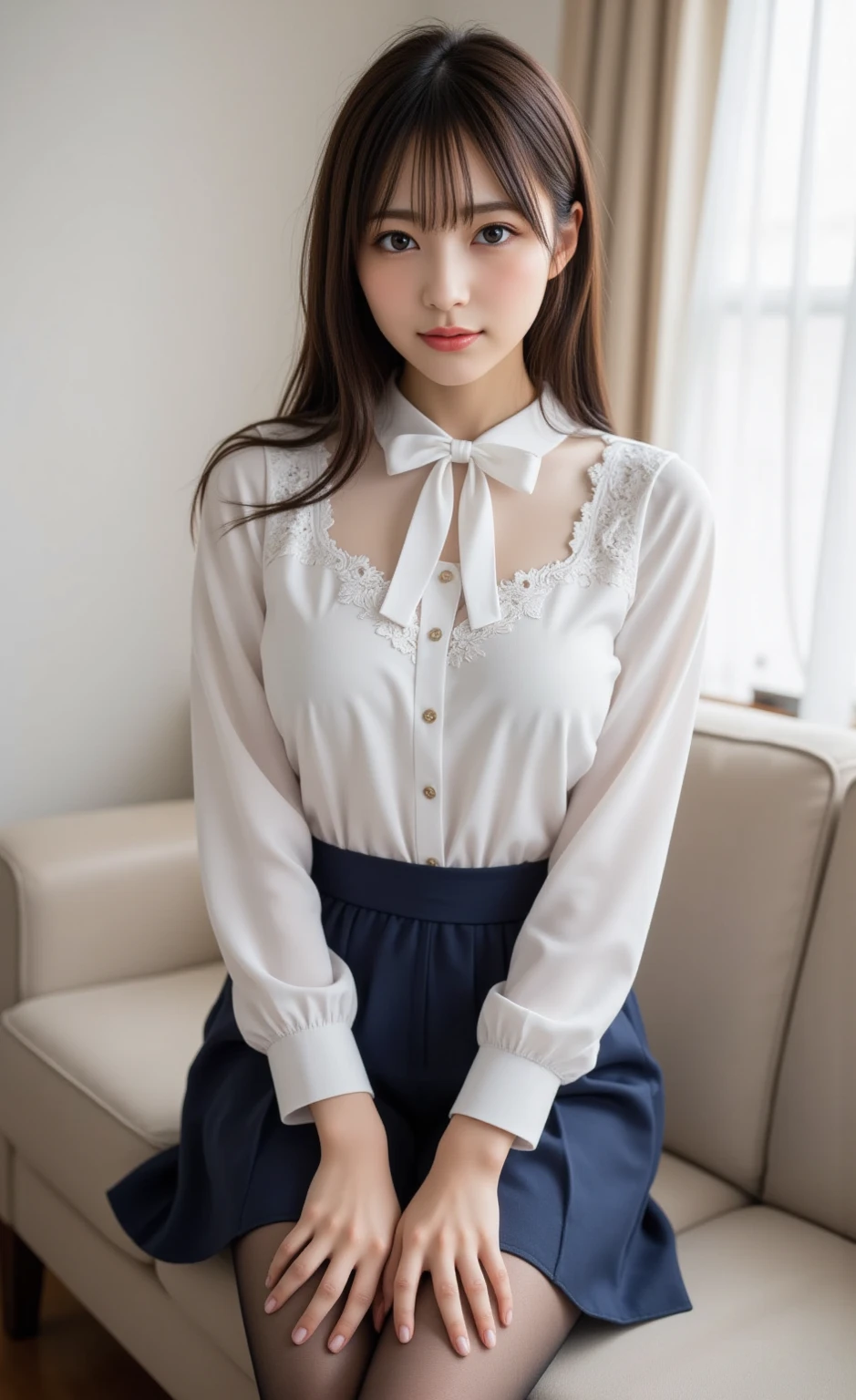 master piece , best quality , detailed , blouse , skirt , sitting , (from front) , bed room , indoor