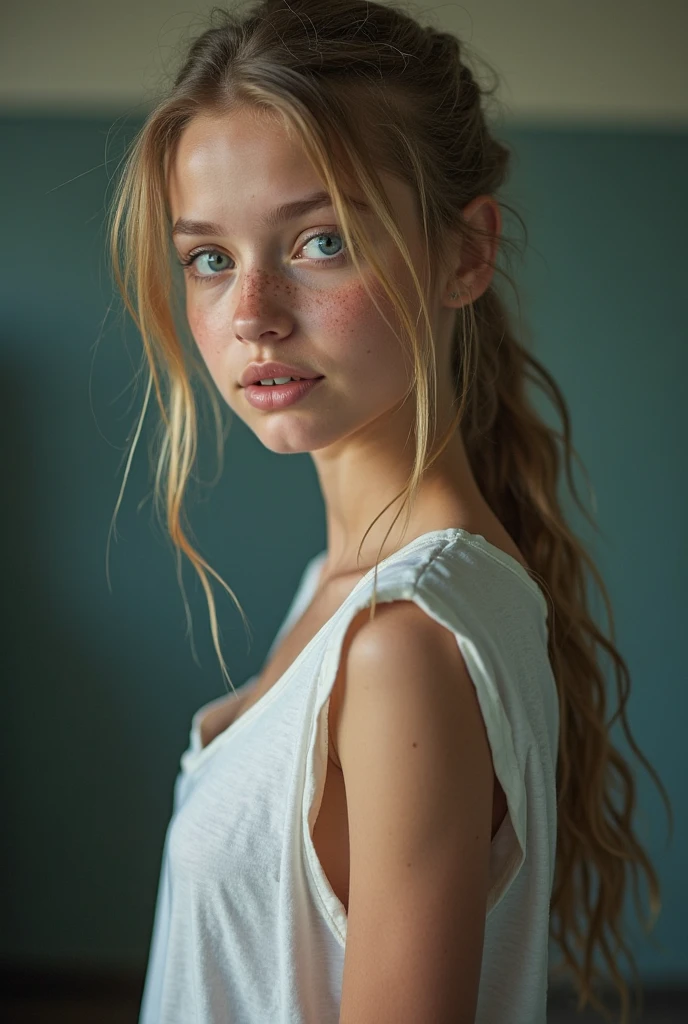 Illustrated movie poster, hand drawn, full color, Young Norwegian viking teenager, , skinny body, , Shy face, thin face, naked, Light blond, pale blue eyes, Blonde hair in a ponytail, bang, waist length hair, shy pose, hard shadows, graphite shade, acrylic paint, airbrushed, masterpiece, Northern summer lighting, naked body, Side body