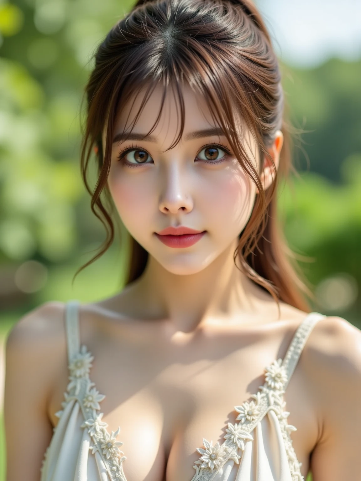 1 girl, (highest quality:1.4), (super detailed), (detailed light), (Highly detailed beautiful face), wonderful face and eyes, brown hair, brown eyes, Beautiful sheer lace details, beautiful breasts, nipple, Highly detailed CG integrated 8k wallpaper, High resolution raw color photos, professional photos, dynamic lighting, (((Bokeh))), Depth of bounds written,