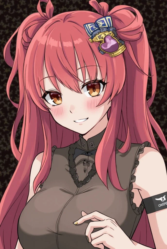 <lora:yunaka-10:0.8>, yunaka fe, looking at viewer, blush, smile, close-up, red eyes, star hair ornament, hair ornament, facial tattoo, cleavage, choker