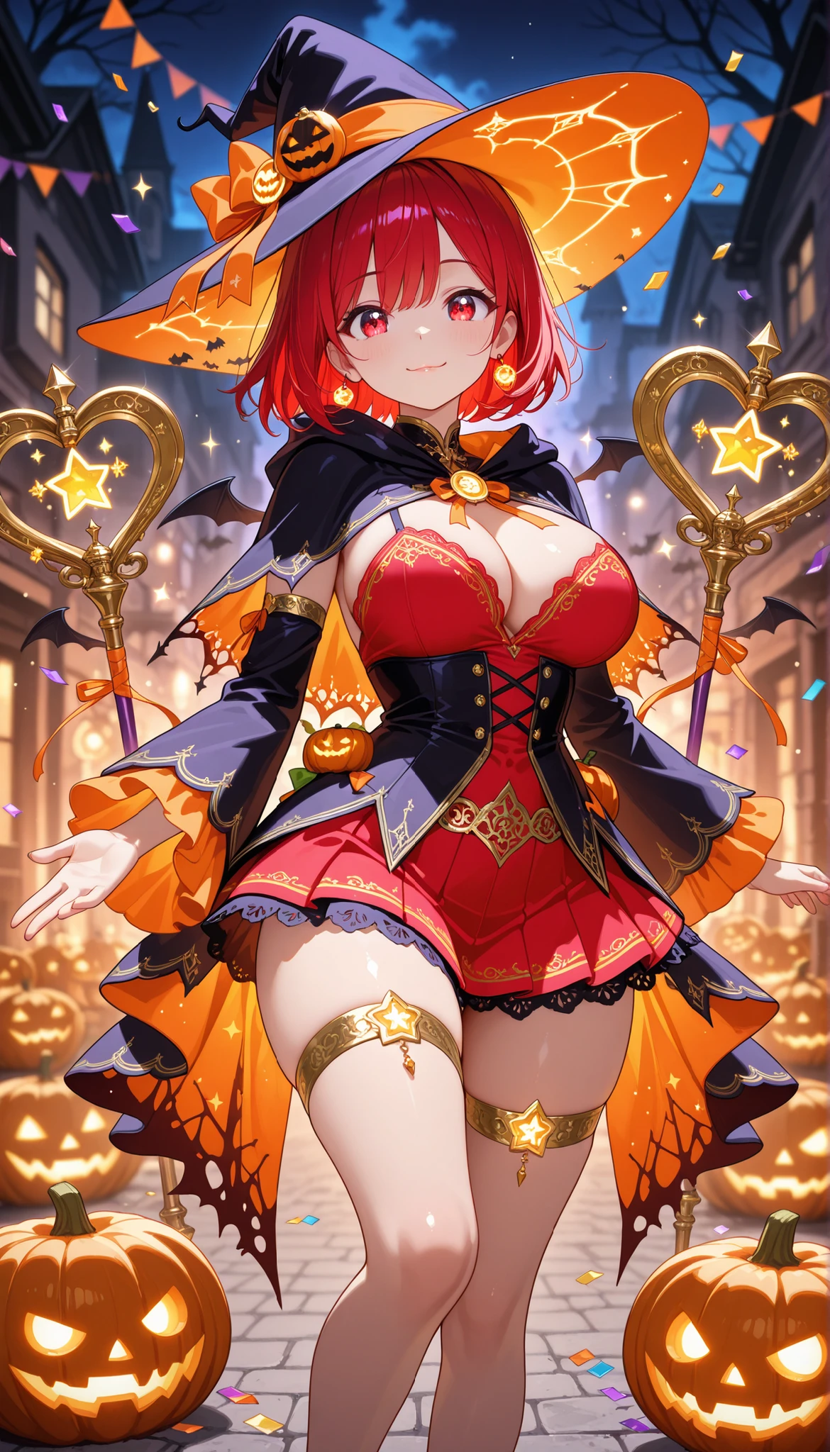 (top-quality、in 8K、32K、masterpiece、nffsw、超A high resolution、Impresionismo、Photorealsitic:1.2)、Colossal tits、cowboy shot、Magic Pose、 detailed faces and eyes、 nightcity、Dim Street Lights、A jack-o'-lantern is placed on the road、Halloween Costumes、Clown makeup、beauitful face、blurry backround、16-year-old beautiful girl、shinny skin、Medium Hair、beautiful orange hair、Blunt bangs、Black eyes、(Clown clothes:1.2)、Clown clothes、Mini skirt、knee high、Clown shoes、Curve、(Panties are visible:1.2)、Smile with open mouth、juggler