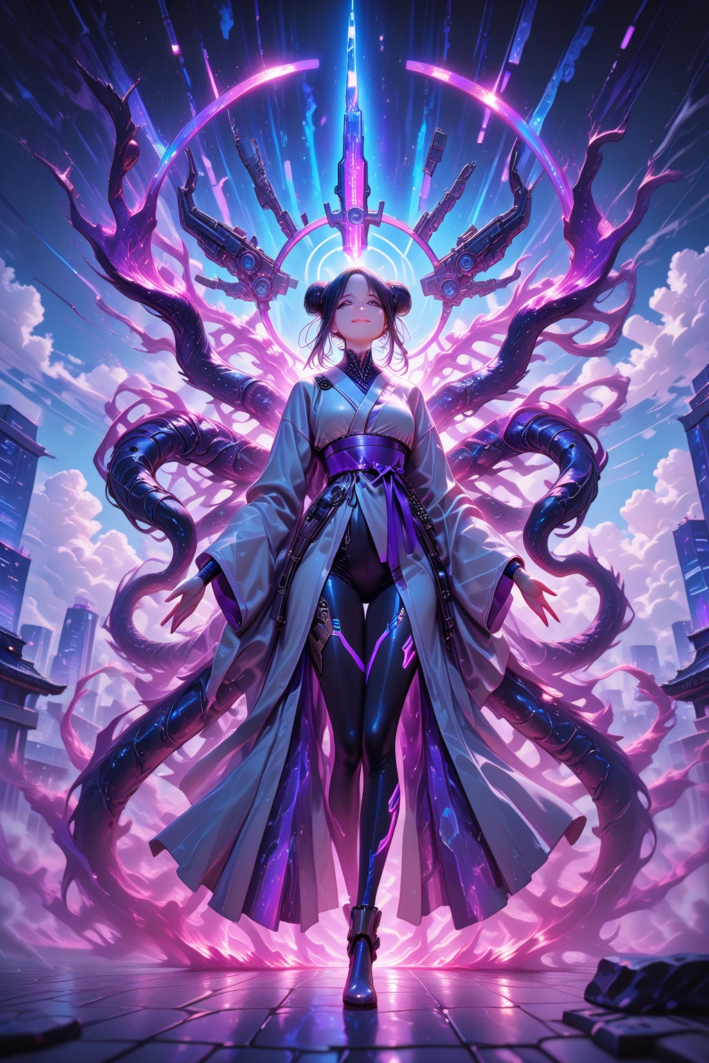 This work must be very long、Unbeatable masterpiece,depicts a mysterious Japanese girl,Mystical image of purple Chinese dragon,Inside your body, a non-humanoid entity that radiates glowing purple energy..,The girl wanted to show this part of the surreal scene to the camera。The shadows depicted must have an extraordinary sense of realism,