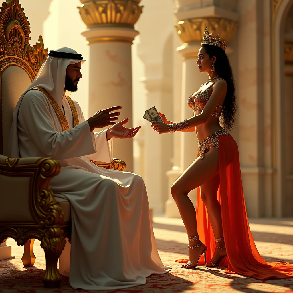 there is a man and woman dressed in costumes posing for a picture, harem, epic 3 d oshun, arabian, realistic gold, 8k high quality detailed art, commission for high res, band of gold round his breasts, arabian wrestling woman, sultan, commission for, sahara, cgsociety masterpiece, arabian princess, persian queen, asian hyperdetailed