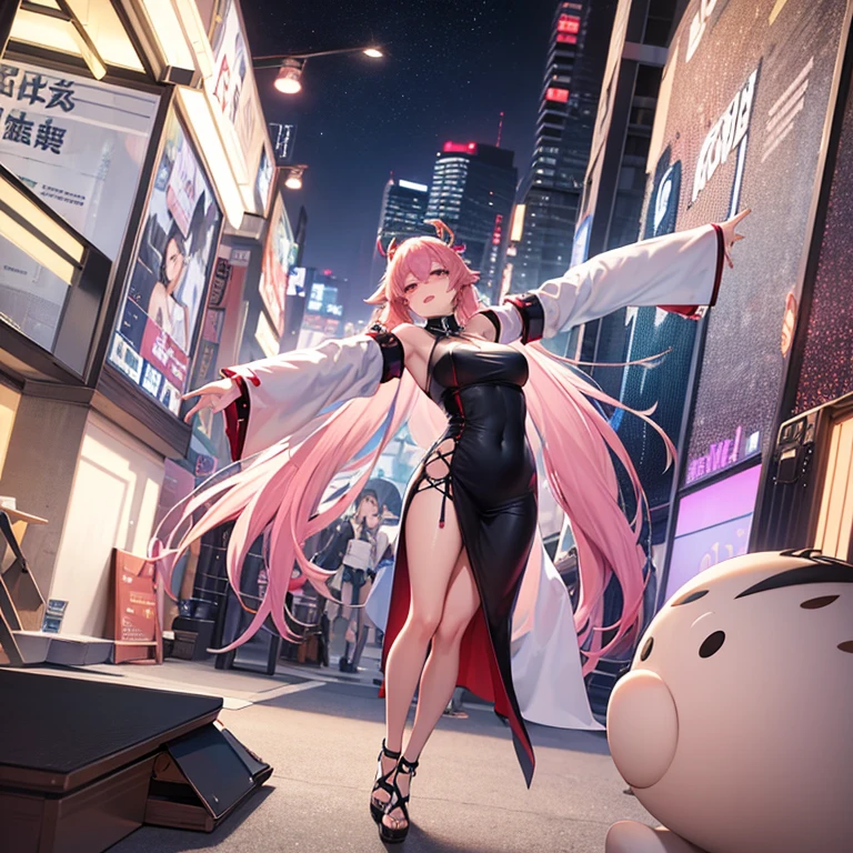 The giant girl wields a and destroys the city,Girl sitting on a building,A giant woman in a lying on top of a cyberpunk city, Wear short skirts,Little guys running around the giant girl,The little person panicked and ran away,Many cars pass by, Standing on her hand, cgsociety 9, 2. 5 d cgi fantasy art, engine rendering unreal + a goddess, full body cgsociety, artgerm ; Hyper realistic 3d content, giant art, super detailed 3d matte paintings, super detailed 3d matte paintings, realistic fantasy art, realistic 3 d anime style. Beautiful girl. Big thighs."The boy stood on the top of a high-rise building waving to the girl". Color ultra 4k.The little person panicked and ran away.Giant attack.