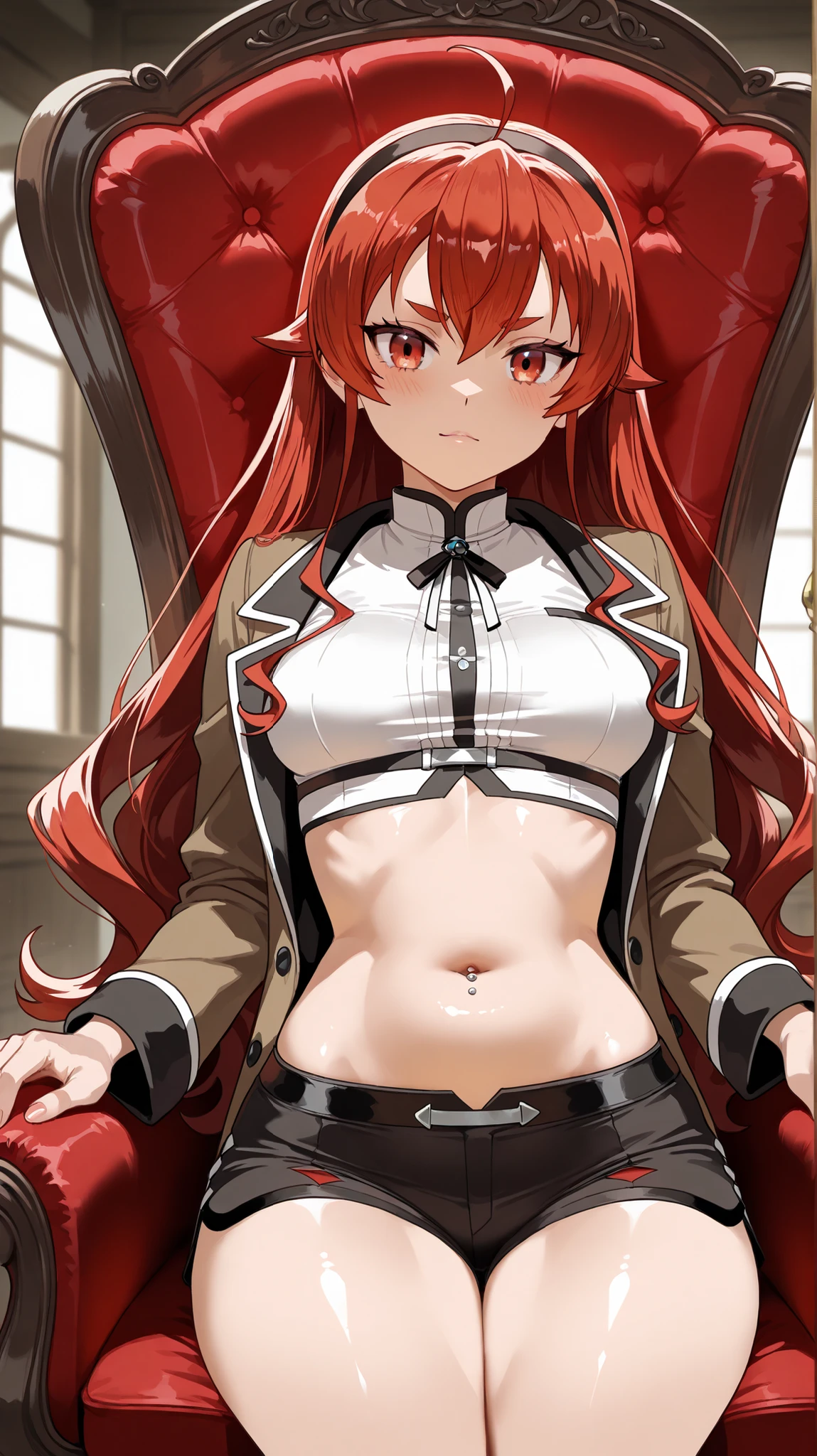 ((Masterpiece)), (Best Quality), Solo, Yoga, Red Hair, Yellow Eyes, slit_pupils, Hair Between Eyes, (NSFW:1), Full Body