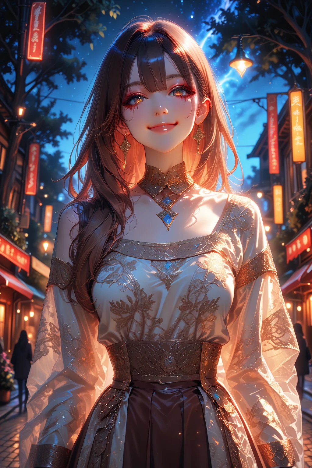 best quality, masterpiece, ultra resolution, (unreal engine: 1.4, realistic: 1.4), original photo, masterpiece, best quality, super detail, Illustrations, (bust shot, street, moon light), masterpiece, 1girl, solo exhibition, beautiful woman on bustling street, surrounded by vendors, beautiful goddess girl portrait, beautiful and detailed face, porcelain skin, ((bust lens, center, night, brunette hair, short hair)), super soft lighting, symmetry, complexity, elegance, high detail, realism , art, concept art, smile, fantasy costume, super fine costume,