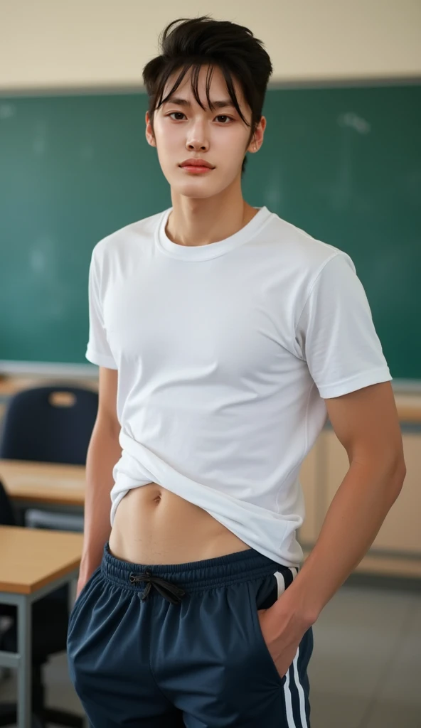 Hairy armpits, just WEaring white undies, hairy pubic , hairy crotch, very bushy hairy body, ((Best quality)), ((masterpiece)), (detailed), ((perfect face)), ((halfbody)) perfect proportions ,He is a handsome student, 18 years old, short hair, blonde, boy Student, , there is a background of a detailed school room with colorful vibe ((perfect face)) detailed scenery, in the classroom, school scenery 
