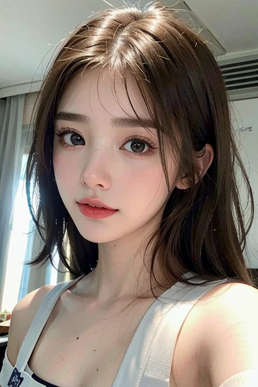 Masterpiece, Top Quality, Ultra-Detailed, 8k, Realistic, One of a Kind, Ultra-Detailed Face, (Contrast: 1.1), Upper Body, Smiling, Amazingly Cute Young Russian Girl, Droopy Eyes, Pale Pink Plump Lips, Light Brown Straight Medium Hair with Bangs, Light Brown Fine Eyebrows, Oily Skin, Wet Skin Bikini, huge Breasts, sagging breasts, On the Beach, Swimsuit, Swimsuit Top, Top Half, middle shot, from below:1.2, (solo),