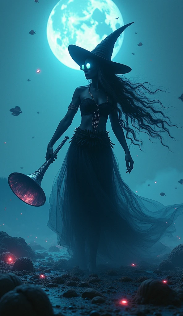 A full body girl in a pirate costume with black hair emerging from the water with a glowing flask in her hand and surrounded by mermaid corpses