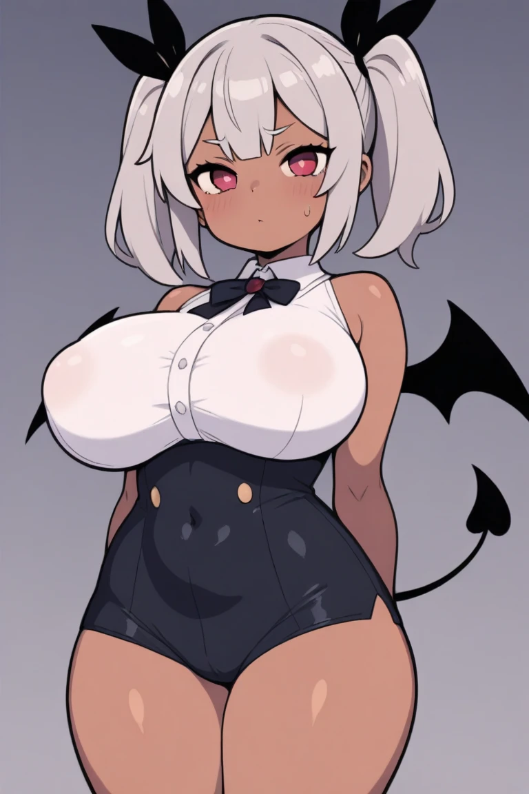 SFW, ((black skin Drow)) (lingerie), (gigantic breasts, huge breasts, Big breast), firm breasts , tall girl, slim waist, curvy figure, arms behind back, (white_hair, red_eyes), pigtails, shortstack