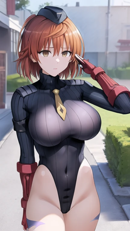 1 girl,NSFW,Maki Nishikino ,(lovelive),clavicle, Eyes glowing purple,absurd, brainwashing,empty eyes, huge breasts, erasure of emotions,(black shadaloo suit),look away , whole body shape, ((stand up, salute)),(highest quality、4k、8K、High resolution、must have:1.2)、Super detailed、(reality、reality的なです、reality的な:1.37)、ticker、hyper hd、studio lighting、ultra definition paint、sharp focus、Physically based rendering、extreme details、Professional specifications、vibrancy and color、blurry、sports portrait、landscape、horror style、anime big breasts、SF、photograph、concept artist、five fingers, perfect body, {{{masterpiece}}}, {{{highest quality}}}, {{Super detailed}}, {shape}, {{very delicate and beautiful}},Improved cost performance、all roles、Canon 5D MK4でphotograph、photograph,