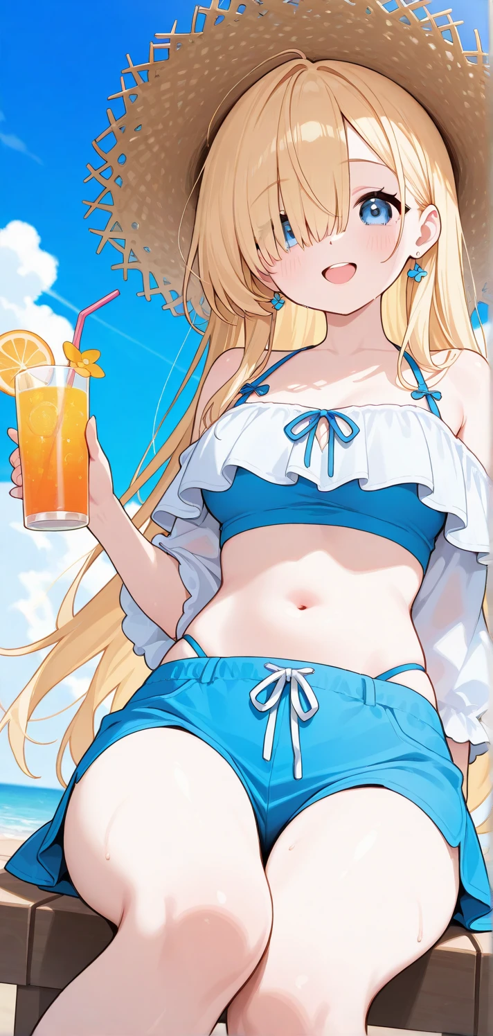 highest quality, (masterpiece:1.2), very detailed, Day, outdoors, (beautiful and clear background:1.2), 1 girl, alone, Latifah Furulanza, open your mouth, Happy, smile, looking at the viewer, blonde hair, long hair, very long hair, blue eyes, (Beautiful detailed eyes: 1.2), (tiara), ((Theme park)), (ride a boat, bathing, Wet, pool, water, water fall, water splash, plant, wood, intern), Wet body, flat chest, a bit,, (white bikini, white lace bikini), camel toe, sitting,