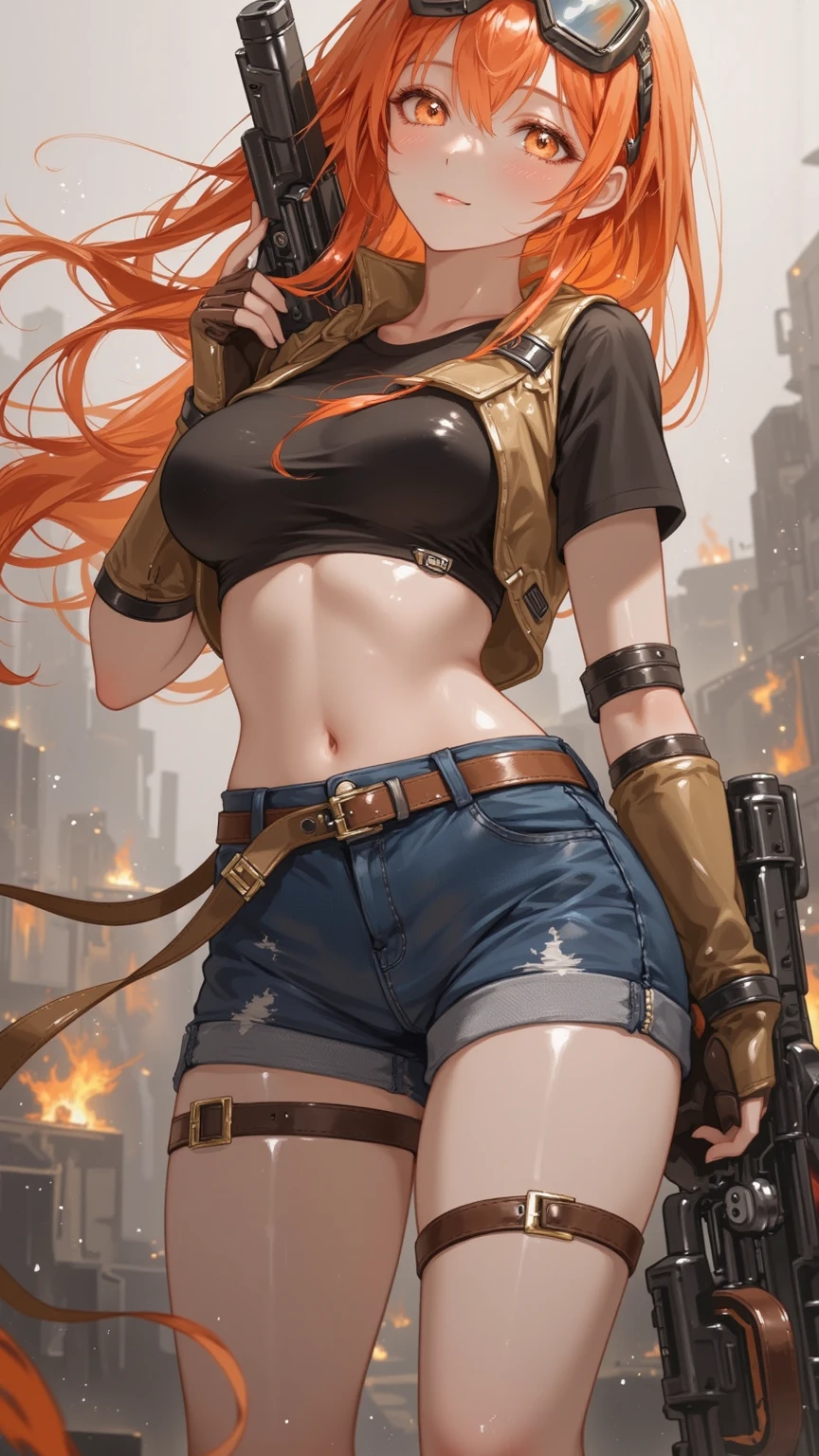 ((masterpiece, Highest quality; 1.3)), Great quality, Beautiful details, Very detailed, Ultra-fine, 16K, Exquisite, Absurd, High resolution, Beautiful background, Detailed Background, Beautiful Eyes, Beautiful Skin, Anime Style, 1 giral,cowboy shot,Dirty Pair&#39;s Kei,NUDE, naked, Bushy red-haired beauty,  Narrow waist , Narrow waist, Thin thighs, Thin legs, Slim legs. Thigh Gap, Showing pussy, skinny, Small waist, Cyberpunk City Background, Holding a retro space gun, head band, 