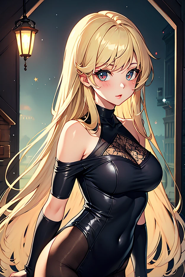 Perfect body, Blonde beauty, Bewitching makeup, masterpiece, Highest quality, Streetwalker, night, Street lamp, City alley, Very shiny skin, Big Tits, Image from crotch up, from the front