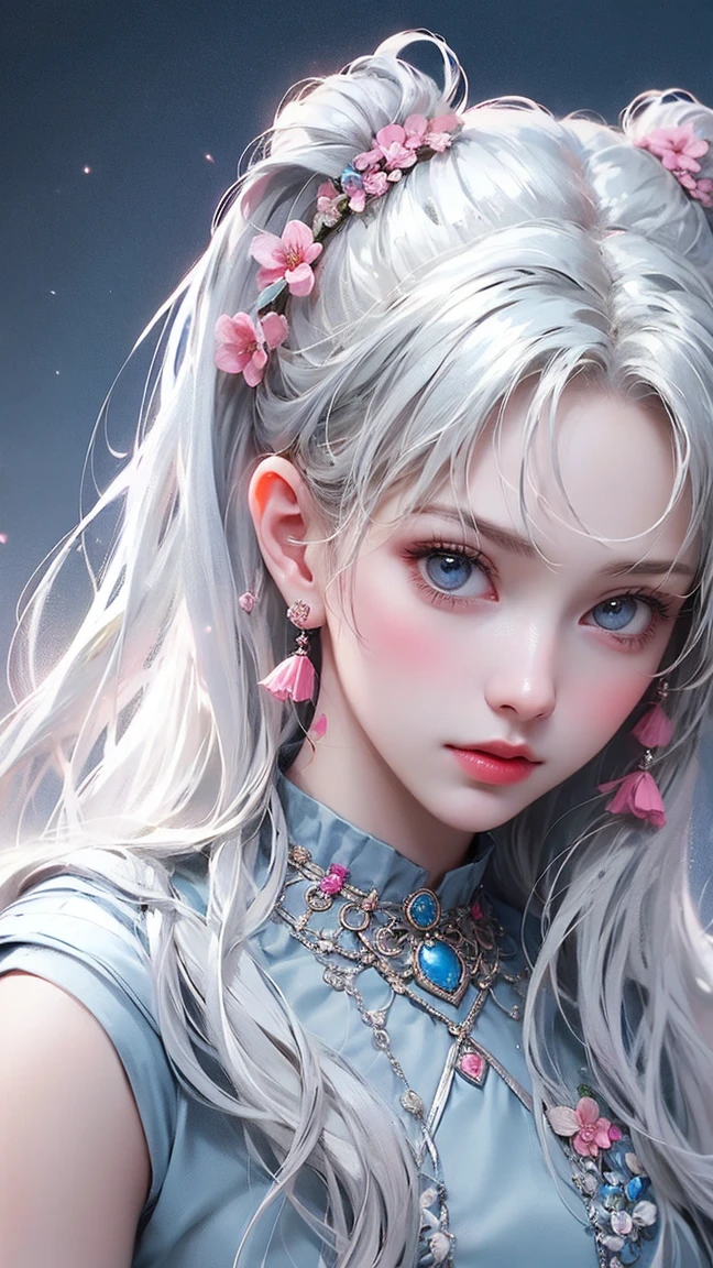 quality(8k wallpaper of extremely detailed CG unit, ​masterpiece, hight resolution, top-quality, top-quality real texture skin,hyper realisitic, digitial painting,increase the resolution,RAW photos，best qualtiy,highly detailed,the wallpaper),BREAK,8K, Chibi, rabbit ears, long white hair, white dress, snow, ice crystals, 