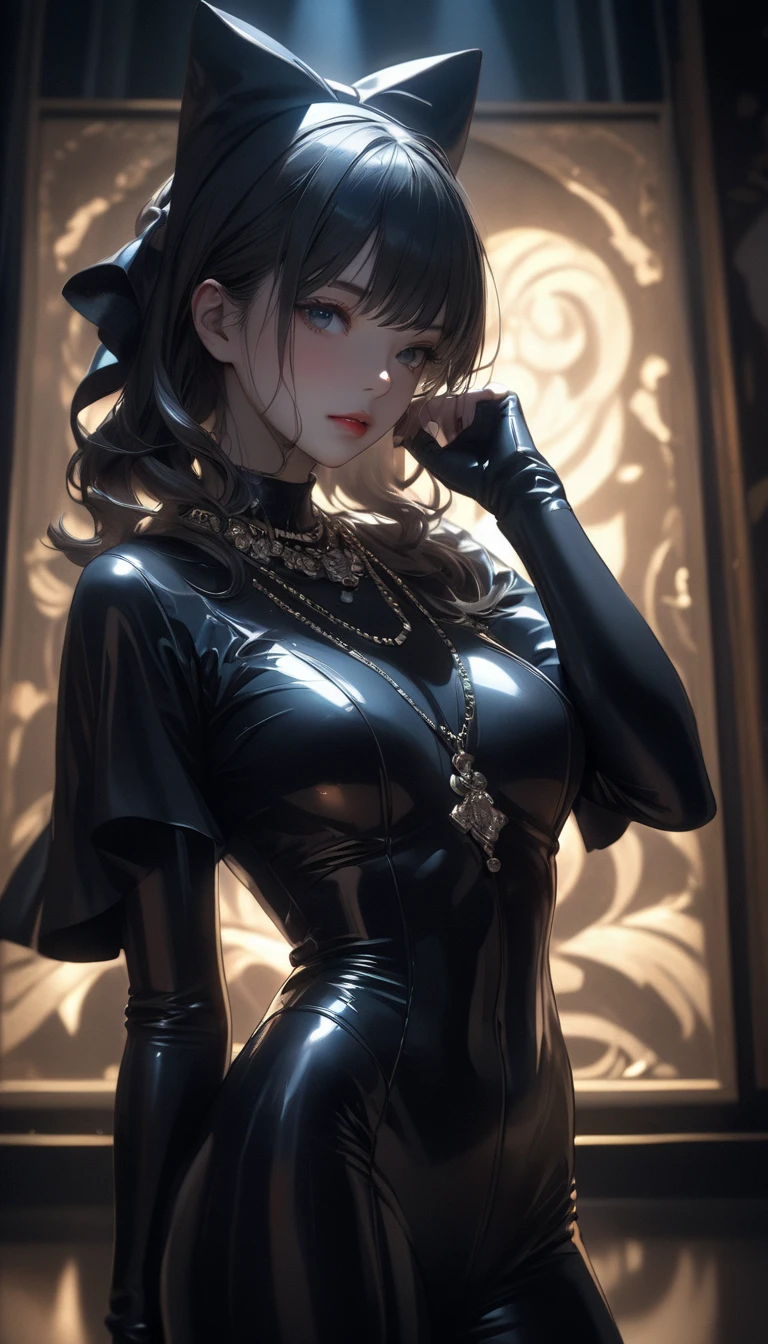Portrait of Abigail: Attractive woman with short black hair, Standing in a dark bedroom、Candlelight、Wearing a black leather suit、Black leather pants、This masterpiece is of the highest quality, Very detailed, Best for 8k HDR wallpapers. Featuring cinematic lighting with sharp focus and exquisite detail.Sexy proportions、Tight waist、Silver Hair、Beautiful nape、Perfect figure