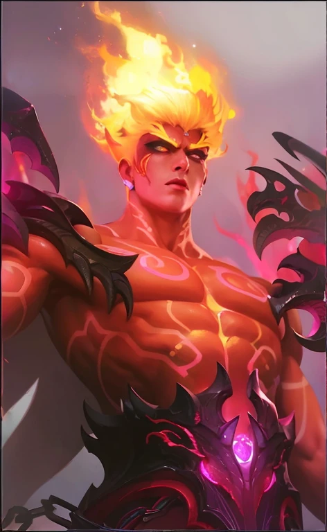 Male with red long detailed hair, , cosmic background, dragon black eyes, evil incarnation, holding planet in hand, handsome, wearing casual clothes, horns, red skin, (((from below))), laughing