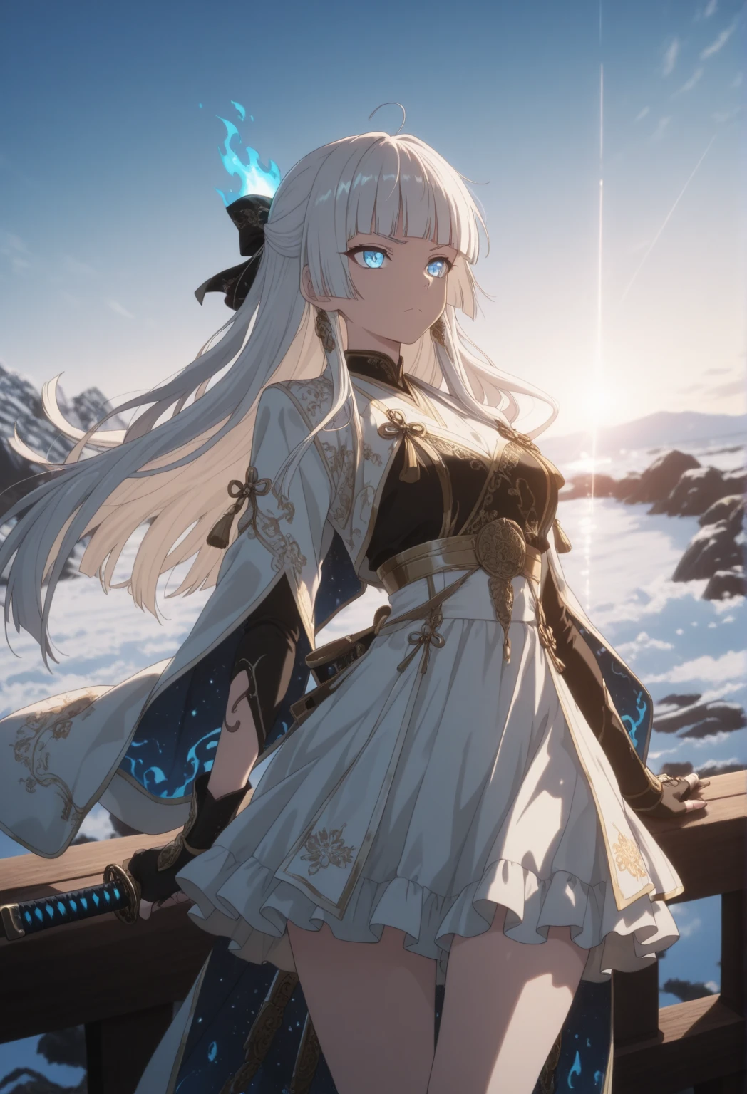Woman, white hair, steady gaze, white blue dress, wearing a snow crown, Standing on top of rock, wielding a huge sword, Iceberg background, Snowfall