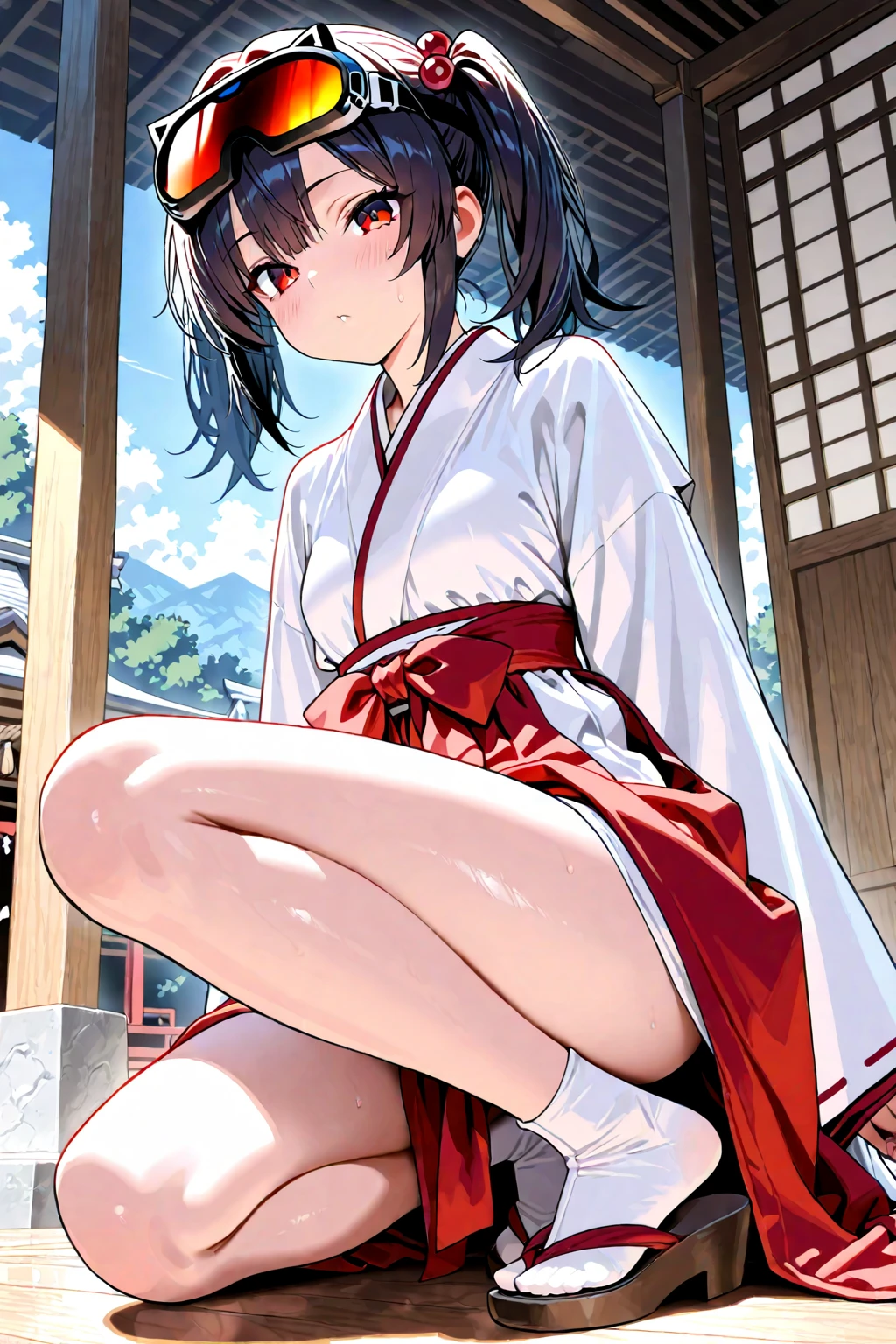 (12 years old child、Wearing a white kimono,In the bob cut、wide open legs,long legged,In a very close shot from below,With thin legs,Exposed thighs are visible、Sitting on the table)