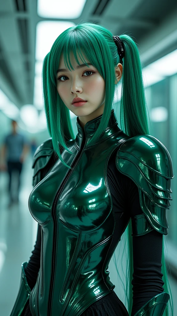 Highest image quality, outstanding details, ultra-high resolution, (realism: 1.4), the best illustration, favor details, highly condensed 1girl, with a delicate and beautiful face, dressed in a black and green mecha, wearing a mecha helmet, holding a directional controller, riding on a motorcycle, the background is a high-tech lighting scene of the future city.