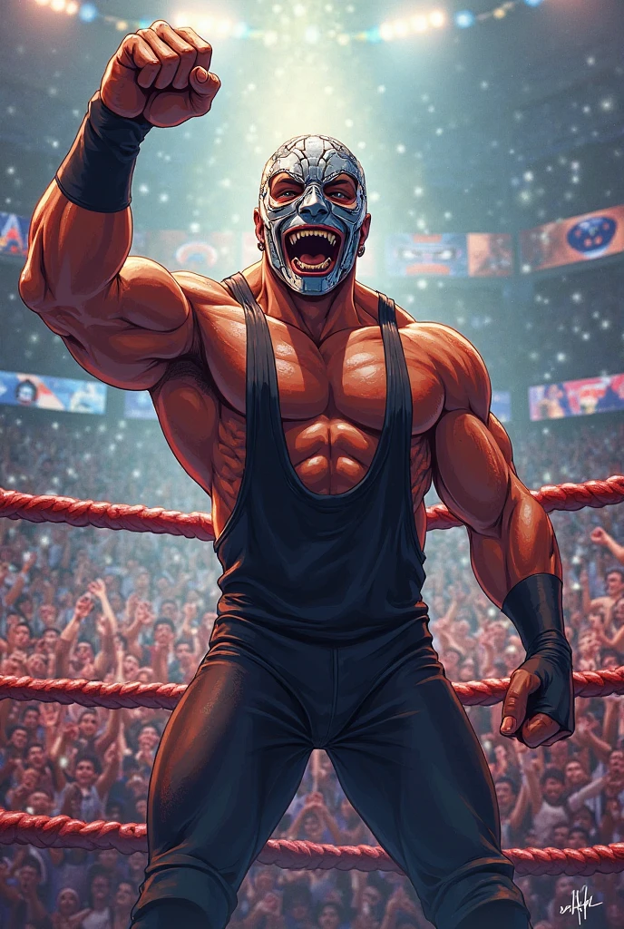 Muscular macho, wrestling mask, bloody devil mask, champion theme. Powerful body, sweating body. Heatwaves 