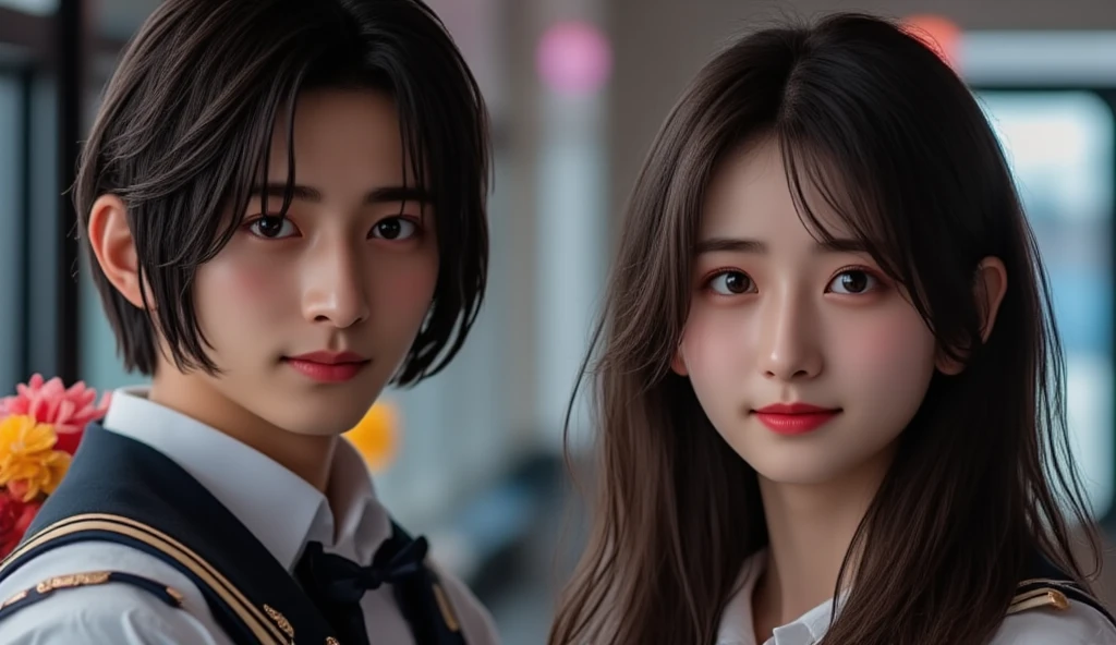 (Best quality），（HD 8K），（Realistic），Two people，girls（Big wavy long hair），Delicate face，（Wearing bachelor's uniform），（（Facing one wearing a bachelor's uniform，Handsome boy speaks）），In the background is a group of boys in bachelor's uniforms，Background bokeh，（master masterpiece）