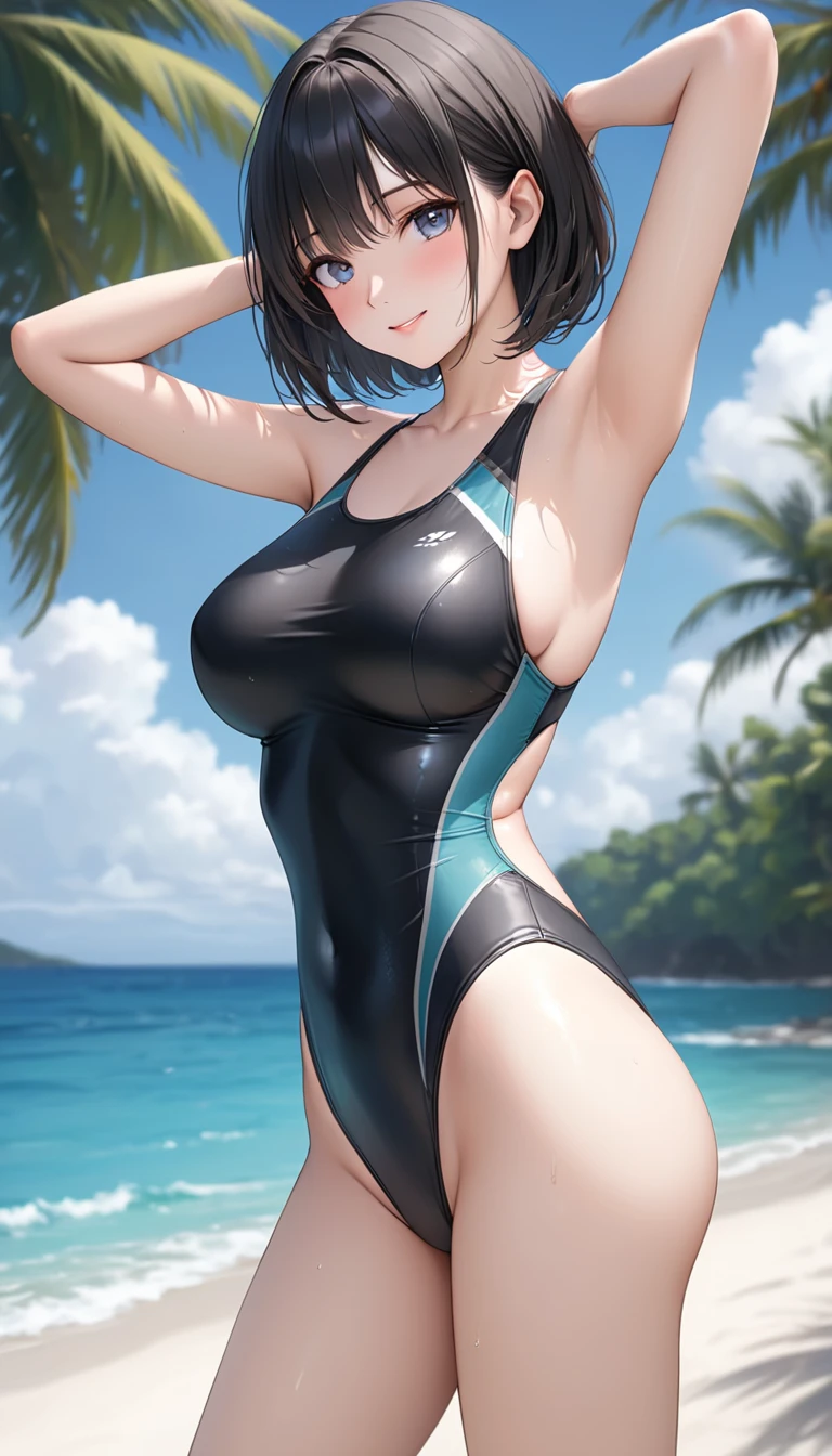 Masterpiece, best quality, (stunningly realistic CG unity 8k wallpaper) (top-level illustration), (exquisite shading) Aesthetic Beauty, modern ink meets urbanpunk, A high ground angle shot, a pretty smiling woman (black hair flowing in the wind, light swimsuit revealing the curves of her body) sitting on a bench at the beach after swimming, very windy weather, leaves flying and twirling in the air,

Dynamic angle capturing every intricate detail,
Multicolor explosion of vivid hues,
Blur effect adding energy and movement,
Sharp focus on the woman's expressive face,
UHD resolution showcasing every