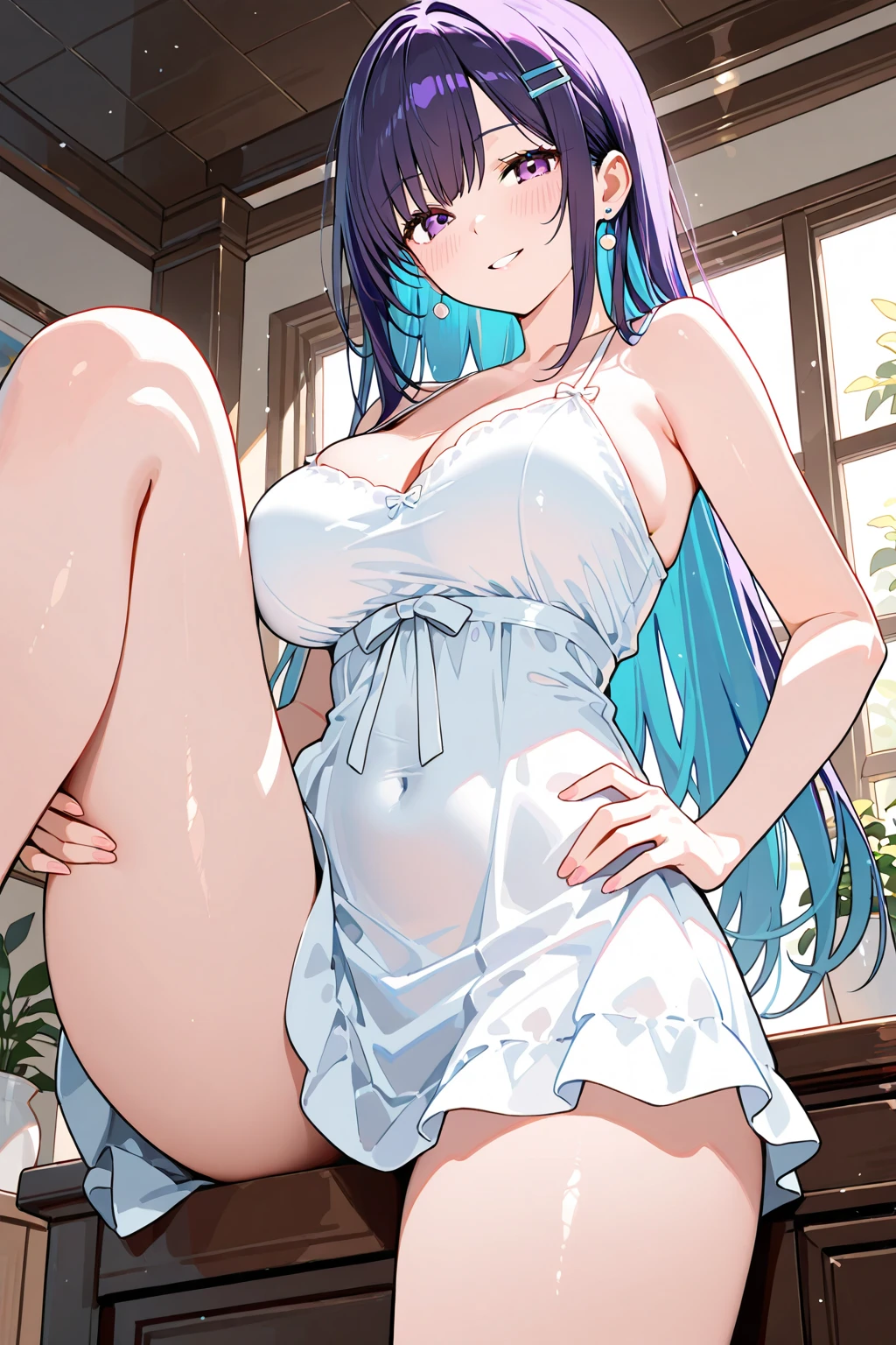 (From knees to head),Sitting with legs crossed,Tempting,((Images featuring only one woman)),(Sweating),( Blushing),((No bow tie around the neck))Highest quality, High resolution, nsfw ,unity 8k wallpaper, (figure:0.8), (Beautiful attention to detail:1.6), Highly detailed face, Perfect lighting, Highly detailed CG, (Perfect hands, Perfect Anatomy),(5Finger),(Glare),Taimanin, Hachizu Purple, (Red eyes),Slanted Eyes, Blue Hair, White skin, Muscular woman, Long hair down to the waist,break shirt, bow, bowtie, red bow,break ((白色のTaimaninスーツ)), (黒色のTaimaninブーツ) , (Taimaninのガントレット),break indoors, break (masterpiece:1.2),((There is nothing)),Two hands,reaching,The pants are white,(Big Ass)