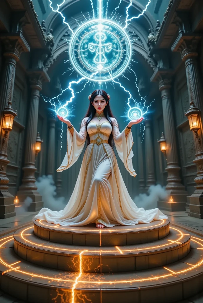 Immortal goddess, super beautiful, 8k, super big breasts, meditating, light white cloth covering part of her body, sitting cross-legged, golden glowing magic circle rotating behind her, magical aura surrounding her parts, magical, fantasy, milky way background, (4 elements, fire, water, wind, earth, surround it),