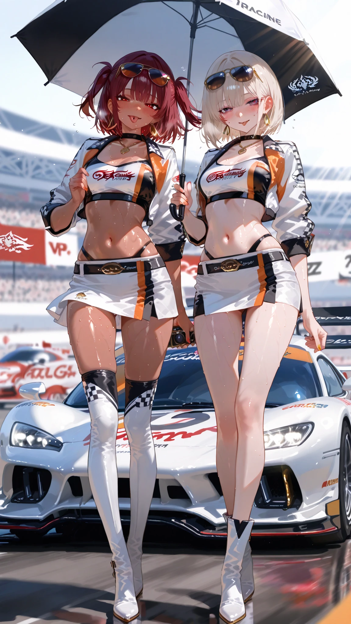 Highest quality、super high quality、16K, Breast size is random、Facial expressions are random、Location is random、 Hair color is silver hair、Pose standing、The distance is random、The angle is from directly below、Small face、Very delicate facial expressions、Delicate eye depiction、Highly detailed hair、Erotic、18-year-old female、Glowing Skin、Soft Skin、Lower Body、Ass、Sexy crotch、The only sexy Japanese woman、Race queen outfit random、Two female models、