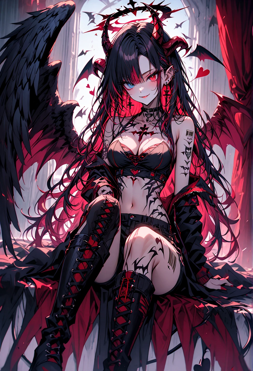 masterpiece, super detailed, high resolution, precision art, highly seductive anime girl. sexy and alluring, flawless dark red demonic skin, succubus, symmetrical face, beautiful olive eyes, flowing black hair, her very presence oozes seduction and allure, S-shaped body, black onyx colored horns jutting out her forehead, heart shaped tail protruding from her back, sexy and arousing slender and thin yet chiseled with enticing breasts, intricate and beautiful heart shaped tattoo engraved on her stomach, wearing spaghetti strap crop-top and form-fitting leggings that accentuate her round ass, hip-level shot