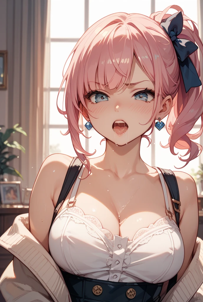 ((Ultra-detailed)), (top-quality),((masterpiece)), ((Super exciting)), ((in 8K)), ((1080p)), ((extremely clear)), ((Very sophisticated)), ((Anime Graphics)), ((Anime quality)), ((Anime Illustration)), ((Upper lighting)), ((Glowing skin)), ((gleaming)), ((shiny-glistening)), ((3D)), ((Upper body portrait)), ((Perfect Anatomy)), (((Solo)), ((a Japanese girl))), ((a baby face)), (((Pink hair)), ((Short ponytail:1.5)), (Large Hair Ribbon:1.5), ((Ahoge))), (((Blue eyes)),((drooping eyes)), (Clean eyes)), ((anime quality eyes)), ((long eyelashes)), ((Thin eyebrows)), ((Beautiful breasts))), (Realistic skin texture), (Detailed clothes description), ((Detailed face description)), ((see-through:1.5), (bra:1.5), (pantie:1.5)), (morning), (lying on cushions), (Bed background), (Kneeling), (Smiling), (open mouth), (look from above), (Look at viewers),
