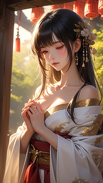most beautiful in the world, fair, girl, wearing see through cloth, with beautiful flower garland, 8k ultra defination, surrounded by flowers, bokeh, animated lighting