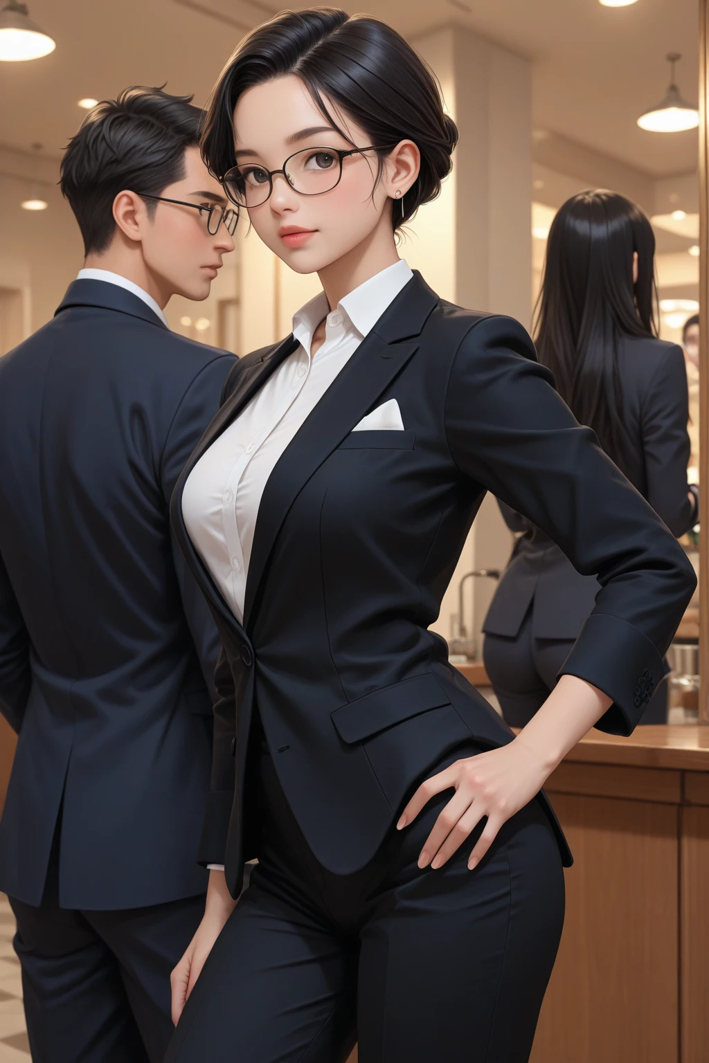 (8K,Photorealsitic Raw photography top-quality;1.4) (1 mature female) Super beauty (Lifelike face) Muscular and macho female body (Black hair short bob) Elite Female Head enticing Beautiful expression Silver glasses White blouse and beige skirt Wear a beige jacket 超A high resolution A hyper-realistic real looking skin high detal A room in the company Sit cross-legged in a high-end chair